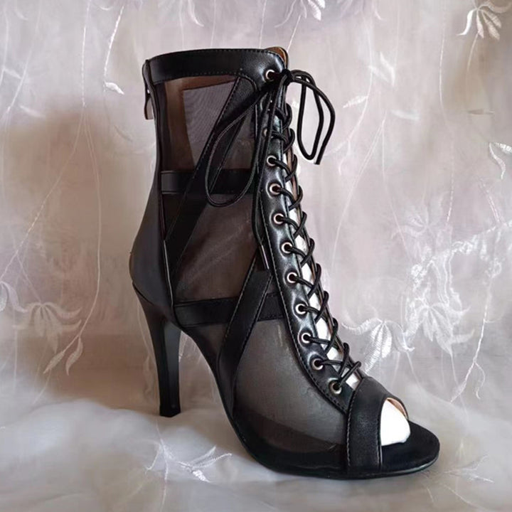 Lace up boots sandals sexy hollow peep toe black heel sandal