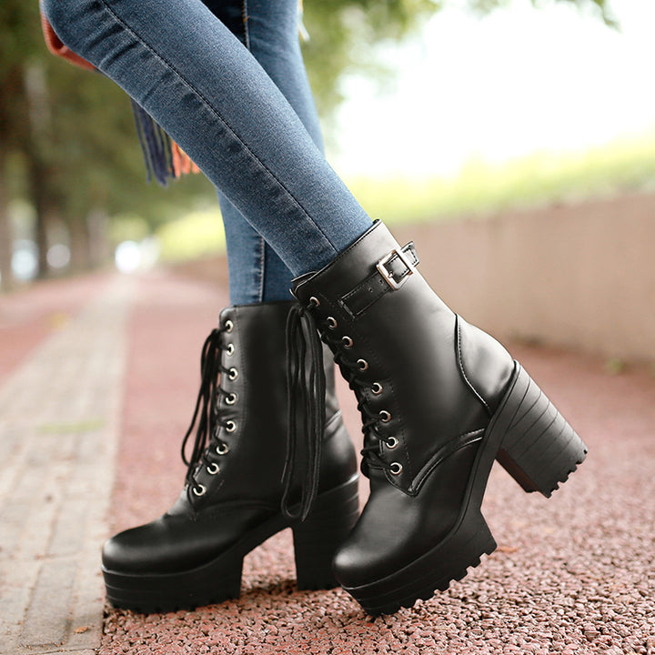 Women platform boots chunky high heel short crisscross lace up boots