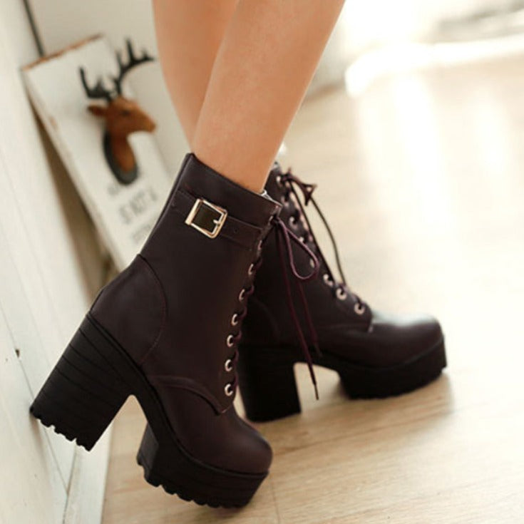 Women platform boots chunky high heel short crisscross lace up boots