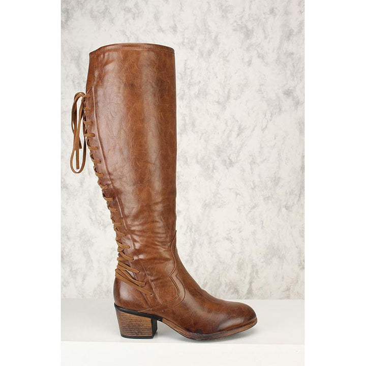 Back lace-up retro wide calf tall boots