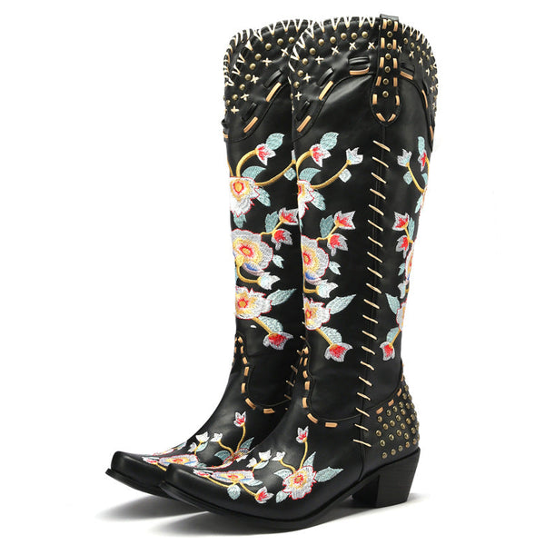 Women's rivets flower embroidery white knee high cowboy boots Black