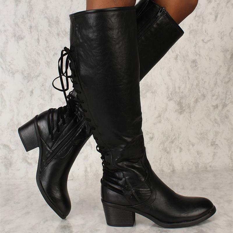 Back lace-up retro wide calf tall boots