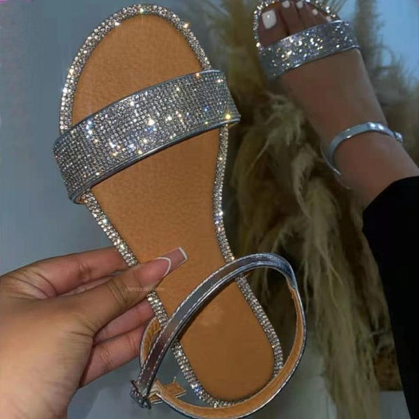 Women's flat rhinestone sandals Glitter sparkly summer sandals