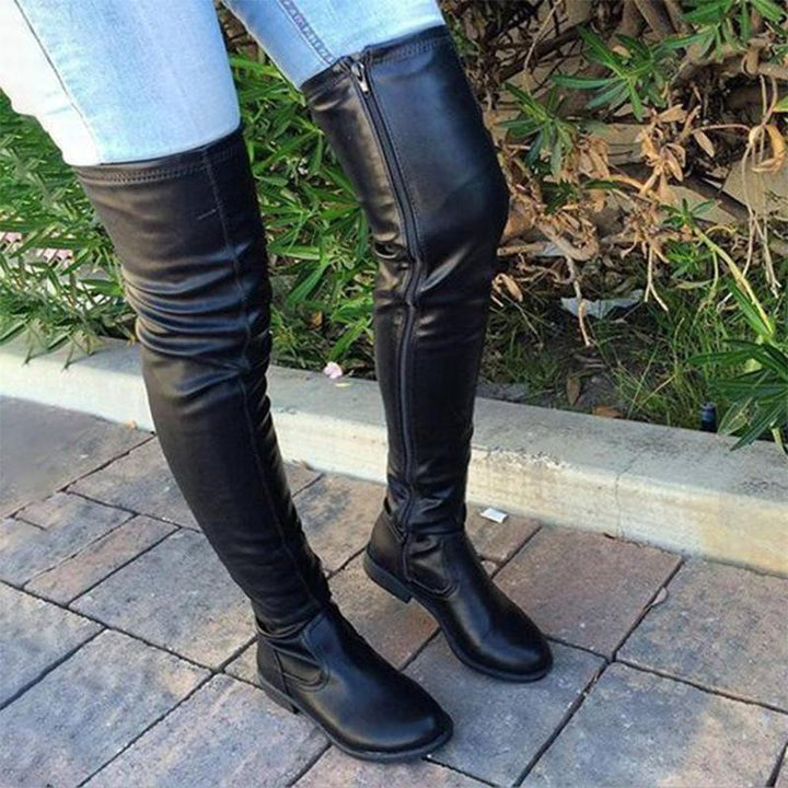 Women flat round toe zipper over the knee boots