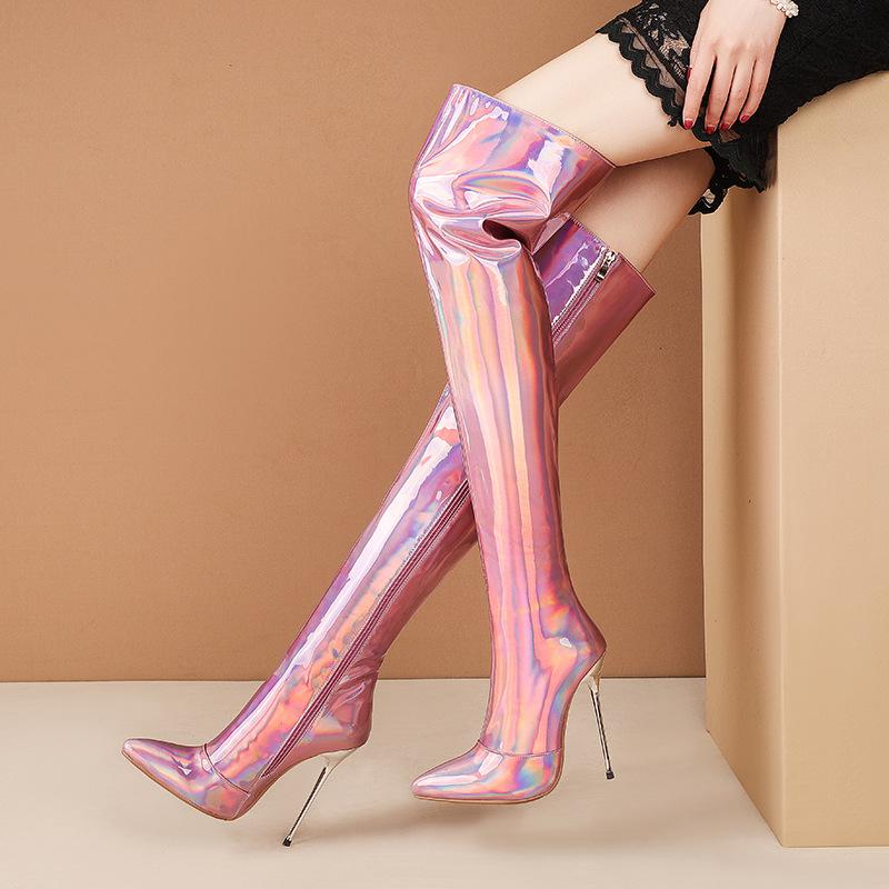 Women's sexy shining metal mirror stiletto thigh high boots for party & nightclub