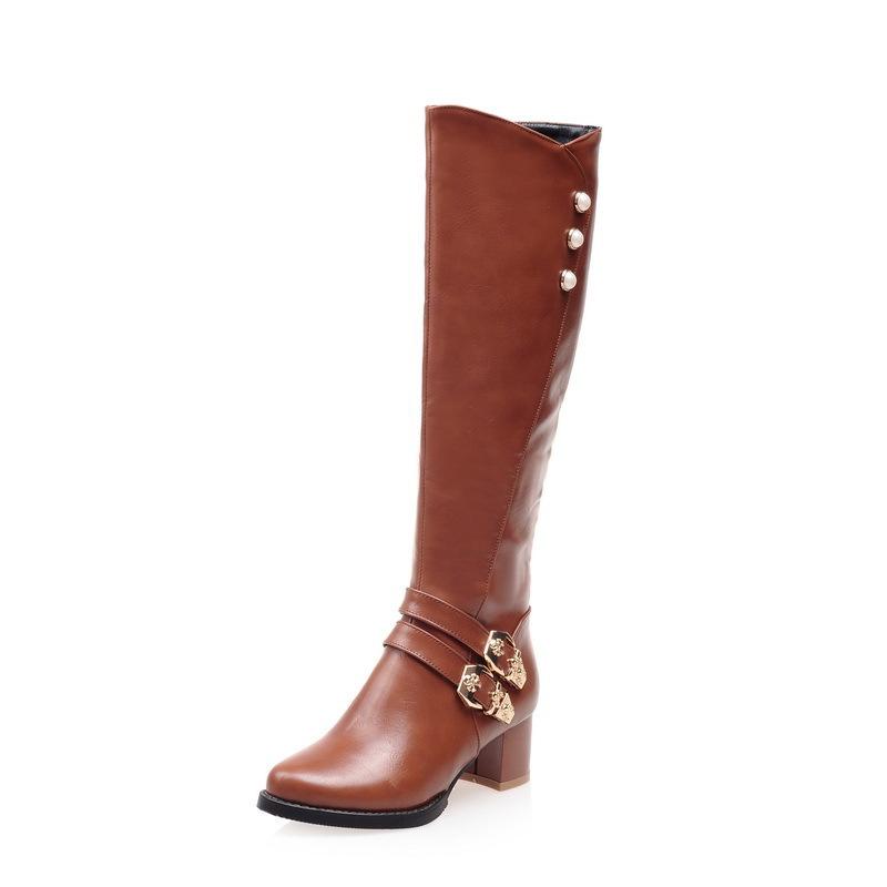 Women's buckle strap block heel knee high knight boots