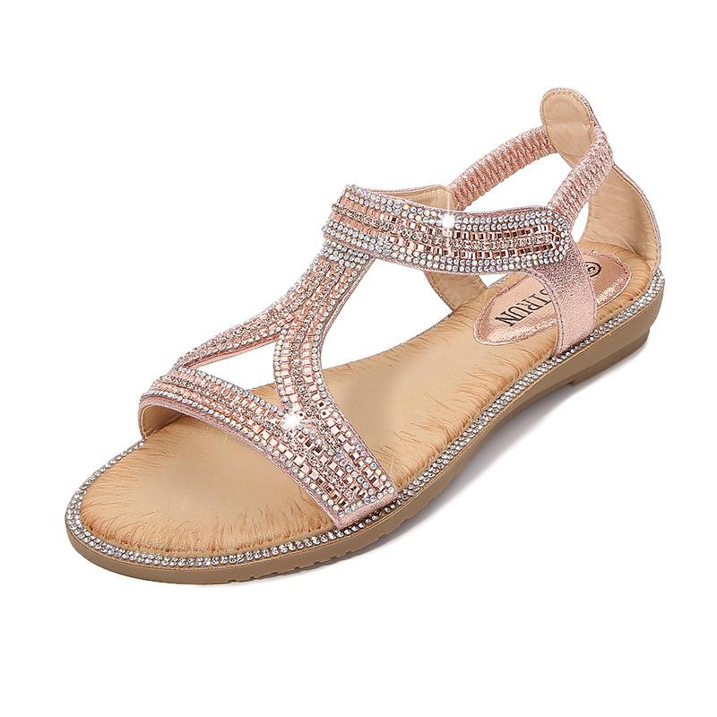 Women's rhinestone glitter flat dress sandals | Eleastic slingback sandals 
