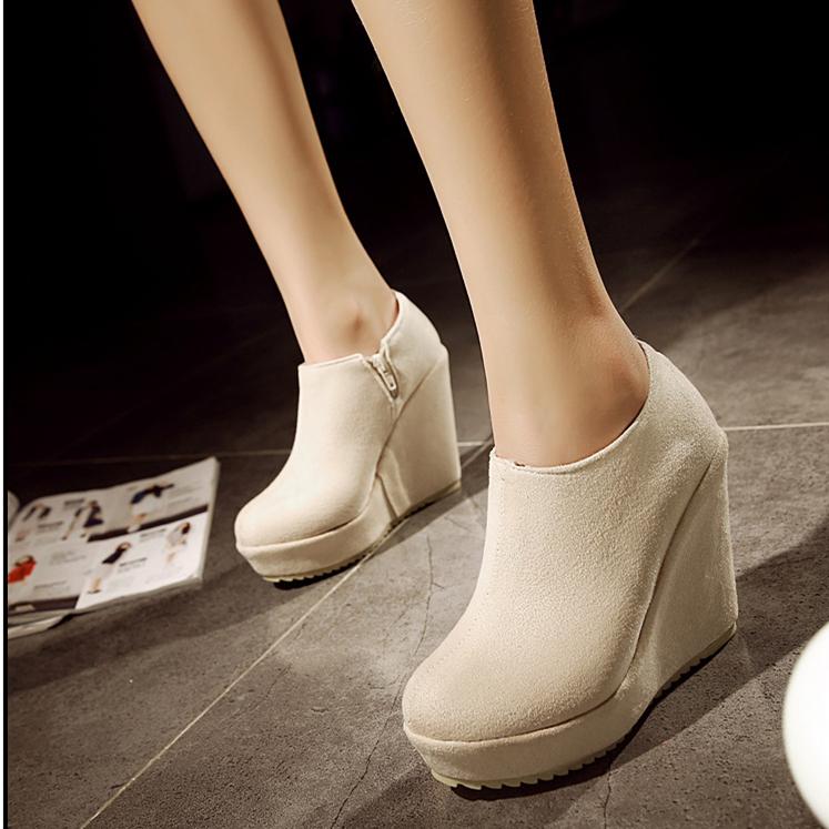 Wedge heel ankle boots side zip slip on round toe boots