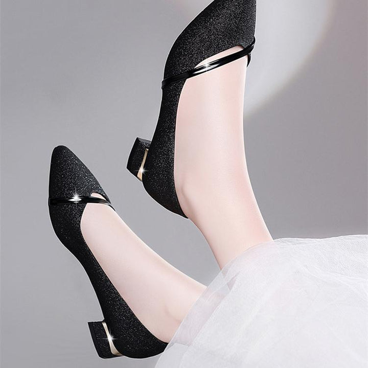Women's low block heel pointed toe pumps elegant shallow heels
