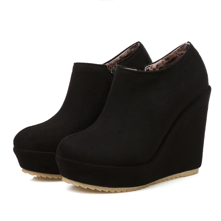 Wedge heel ankle boots side zip slip on round toe boots