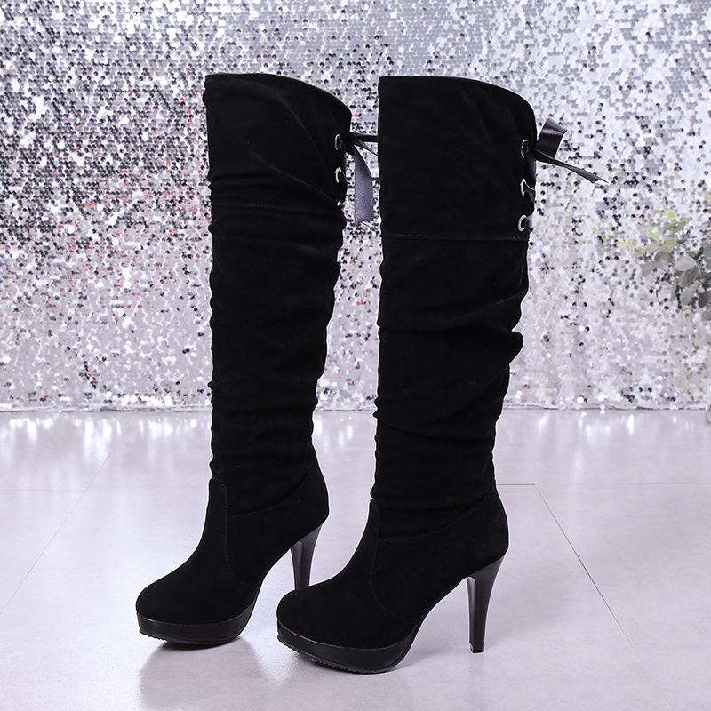 Back lace high heel knee high boots for fall winter
