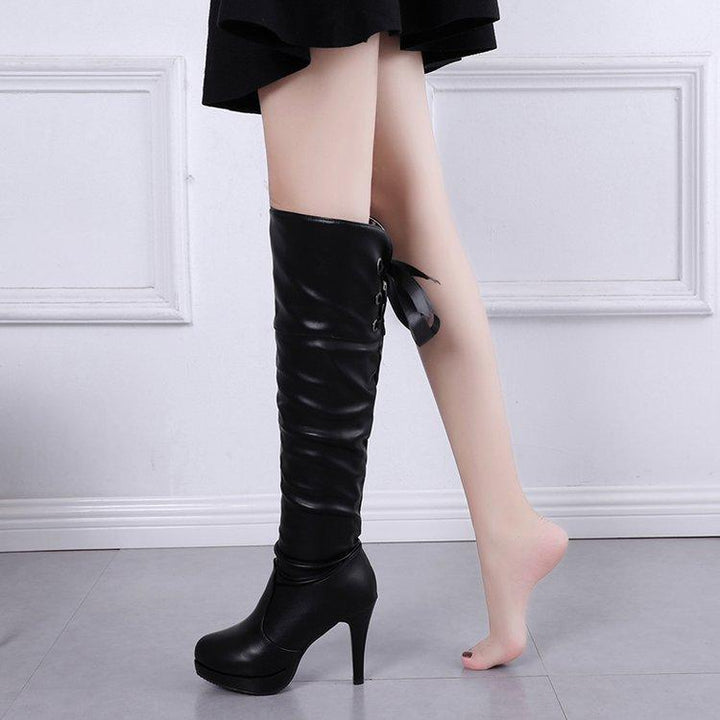 Back lace high heel knee high boots for fall winter