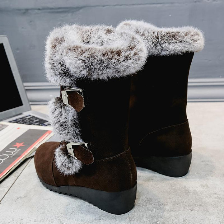 Women's fuzzy faux fur lined buckle strap snow boots mid calf wedge heel snow boots
