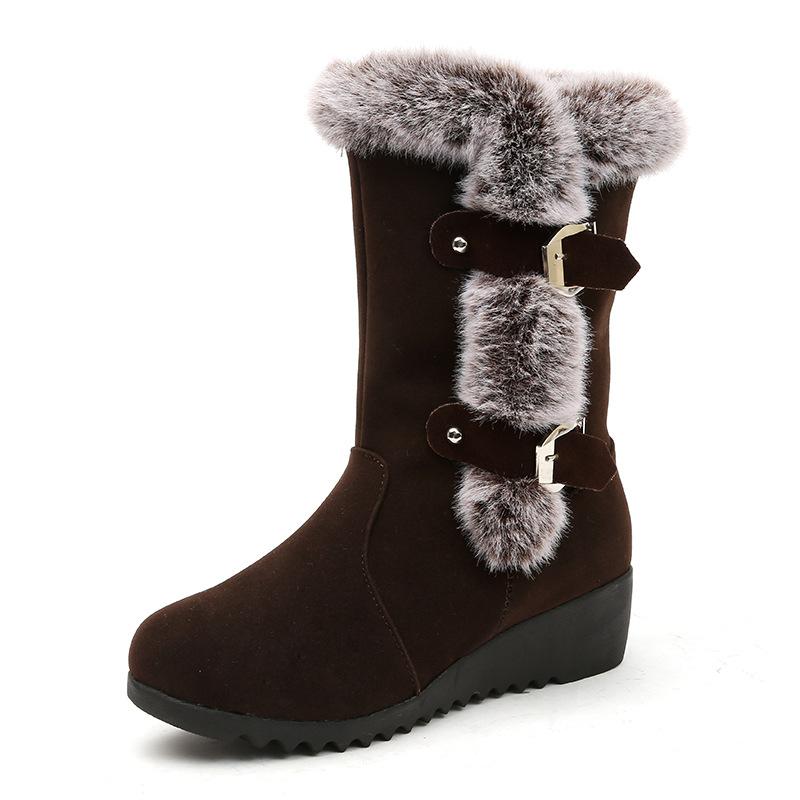 Women's fuzzy faux fur lined buckle strap snow boots mid calf wedge heel snow boots