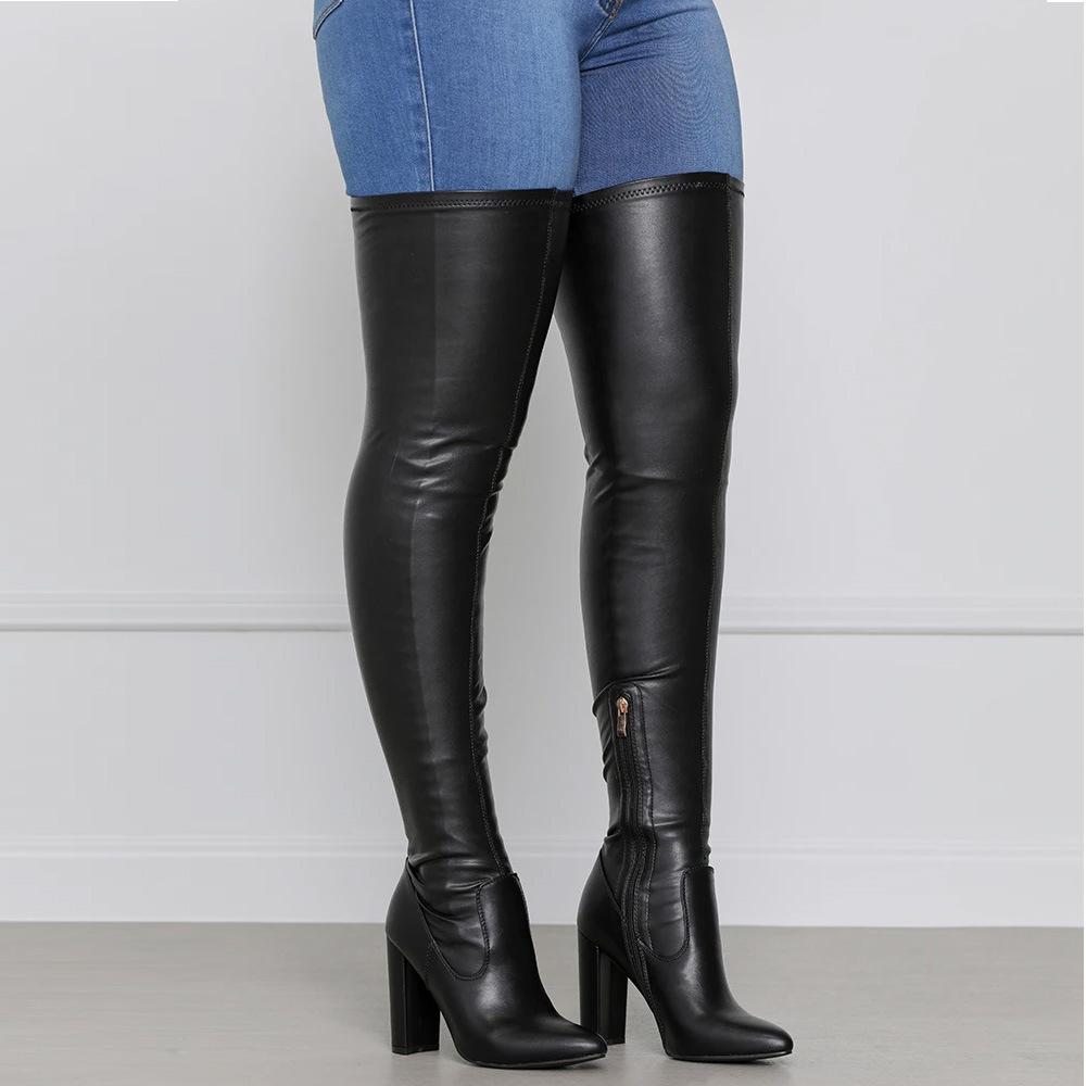 Women pointed toe chunky high heel over the knee boots with zipper