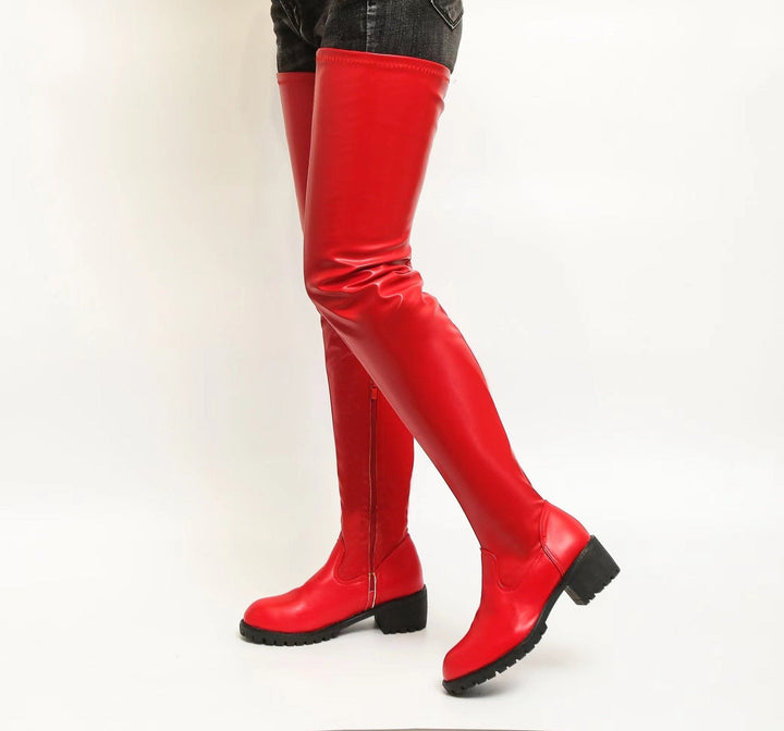 Black red chunky square heel thigh high boots for women