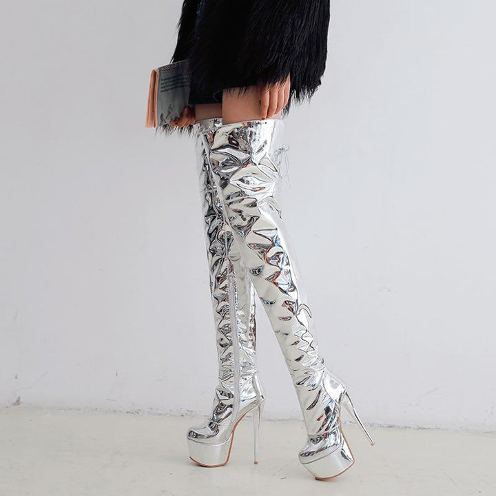 Silver metal mirror slim fit stiletto high heeled over the knee boots for party club