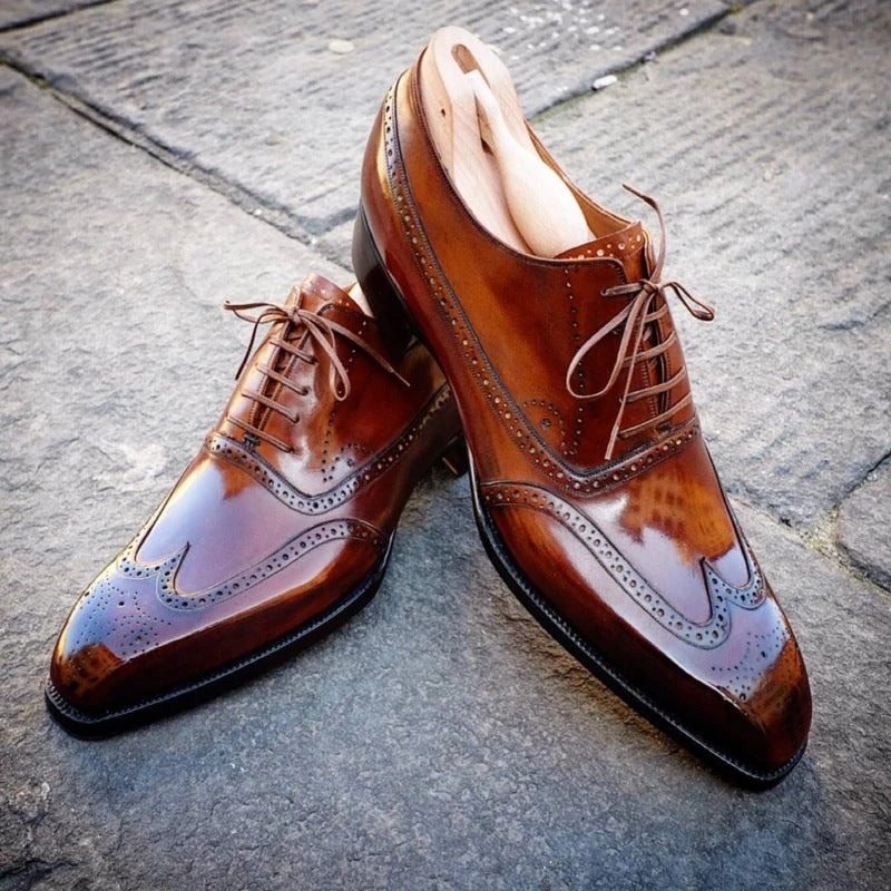 Men's wingtip brogue oxfords formal dress shoes PU patent leather lace-up business work shoes