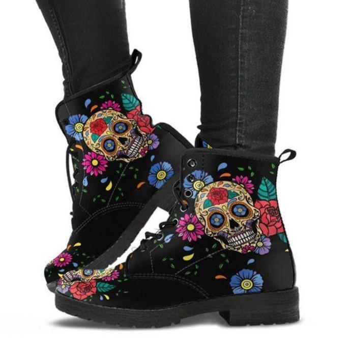 Women's colorful skull print black lace-up ankle boots