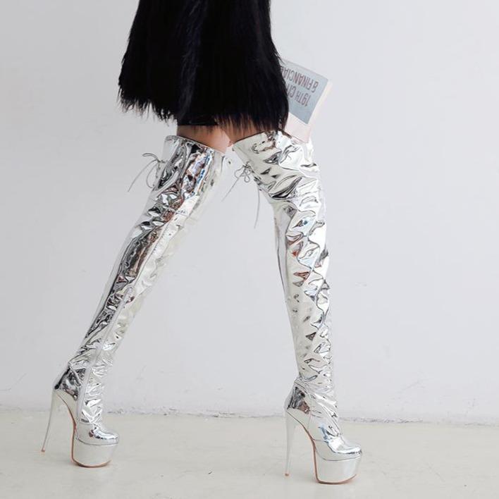 Silver metal mirror slim fit stiletto high heeled over the knee boots for party club
