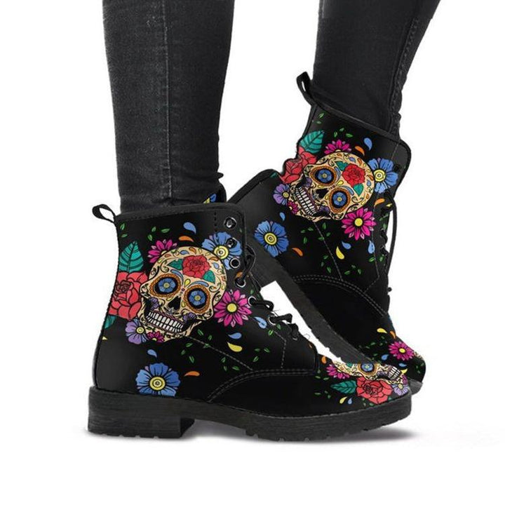 Women's colorful skull print black lace-up ankle boots
