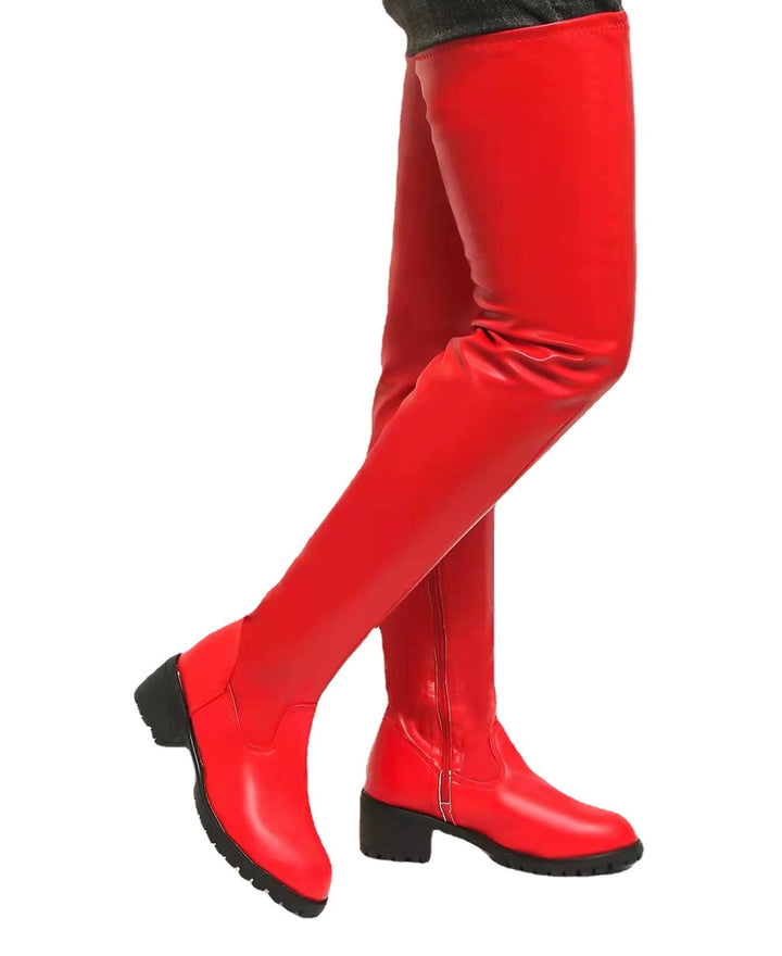 Black red chunky square heel thigh high boots for women