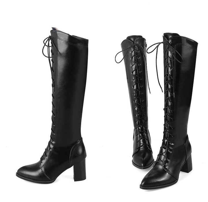 Pointed toe lace-up block heel knee high boots for women