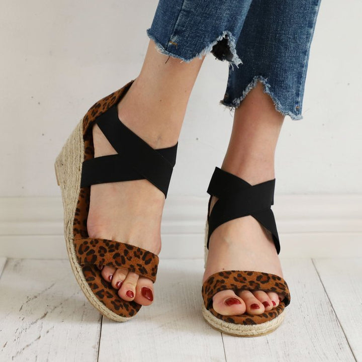 Women's peep toe criss cross ankle wrap espadrille wedge sandals