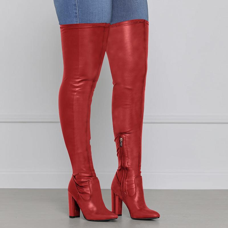 Women pointed toe chunky high heel over the knee boots with zipper