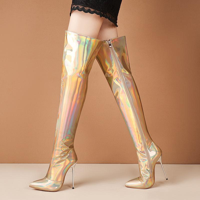 Women's sexy shining metal mirror stiletto thigh high boots for party & nightclub