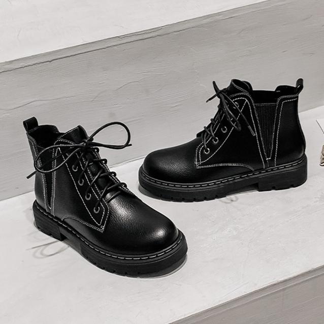 Women's black lace-up low heel combat boots