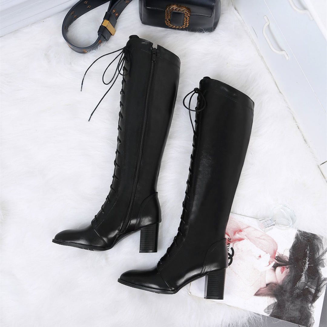 Pointed toe lace-up block heel knee high boots for women