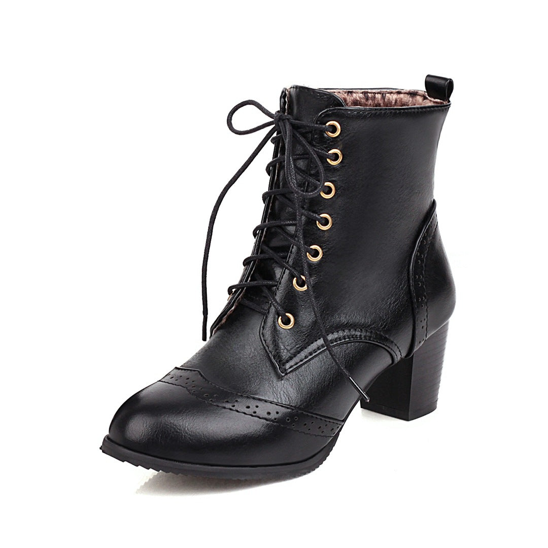Women's vintage brogue lace-up block heels booties England style oxford ankle boots