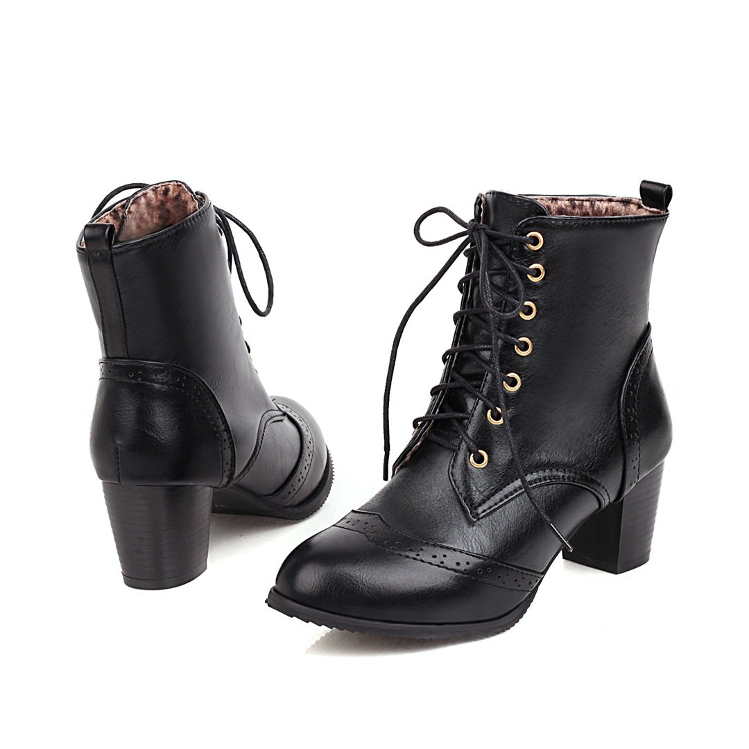 Women's vintage brogue lace-up block heels booties England style oxford ankle boots