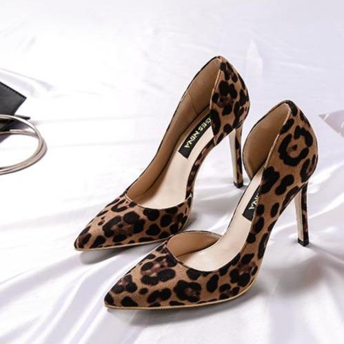 Women's suede sexy leopard d’Orsay pumps side cut out pumps