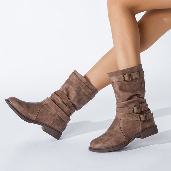 Women's Summer Slouchy Booties with Double Buckle Straps - Breathable Cover Flat Heel, Open Toe, Easy Slip-On Style in Black, Burgundy, Blue, Orange, Brown - Versatile & Comfortable for Casual Attire