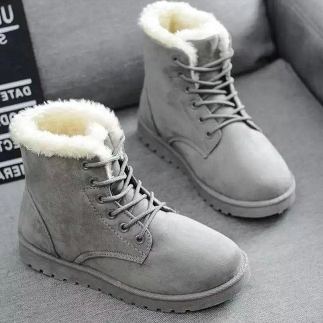 Women's winter warm fluffy snow boots low heel lace-up ankle boots