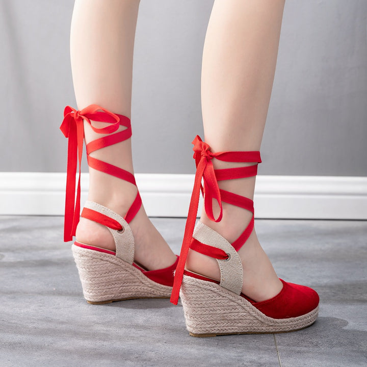 Ankle tie-up espadrille wedge sandals