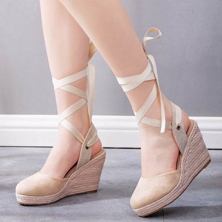 Ankle tie-up espadrille wedge sandals