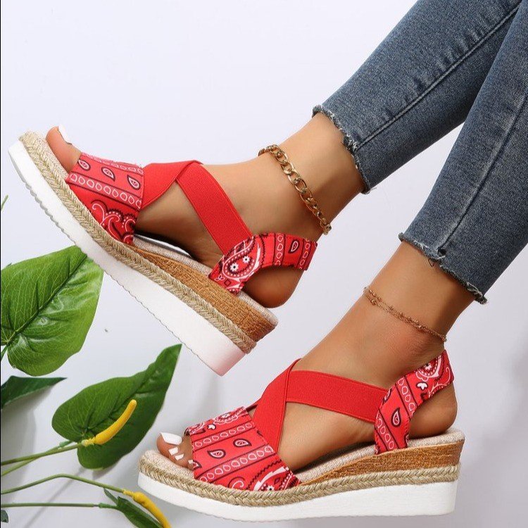 Bandana printed wedge heels sandals