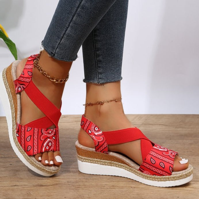 Bandana printed wedge heels sandals