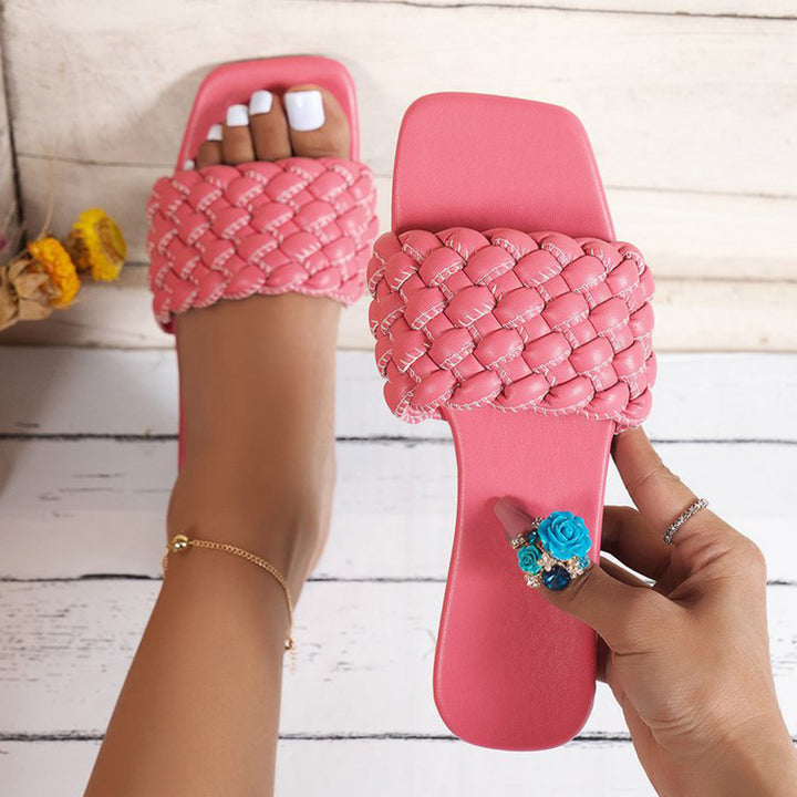 Beach woven strap slide sandals candy color peep toe flat sandals
