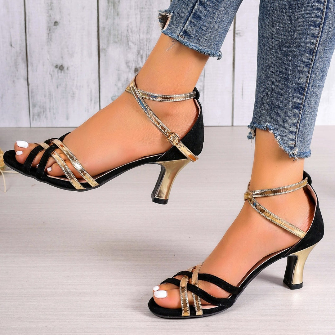 Black gold peep toe sandals with ankle criss straps