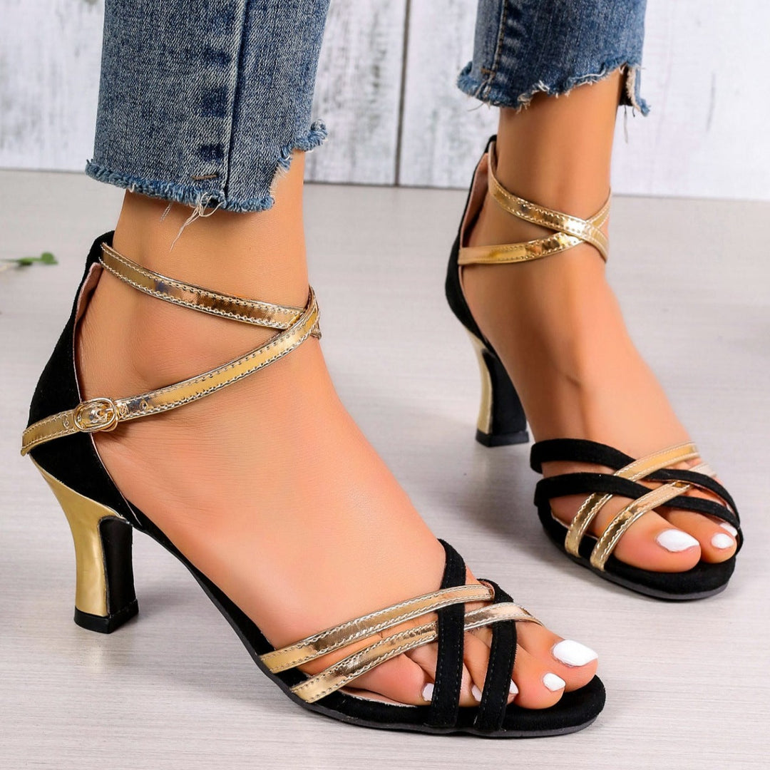Black gold peep toe sandals with ankle criss straps
