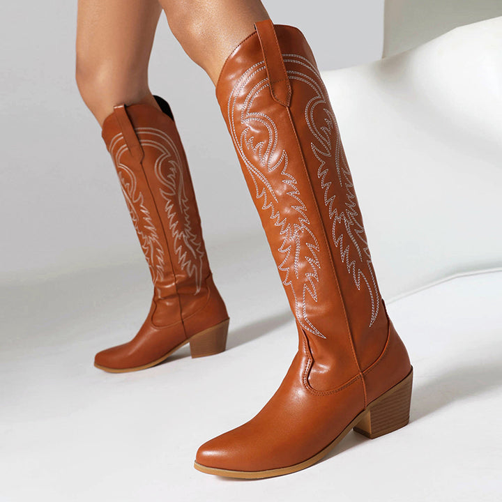 Block heels embroidery knee high cowboy boots