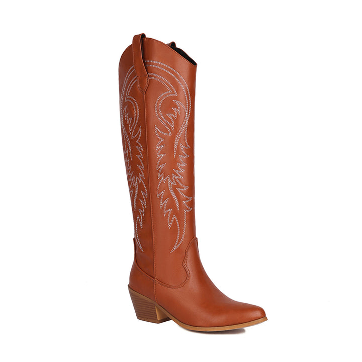 Block heels embroidery knee high cowboy boots