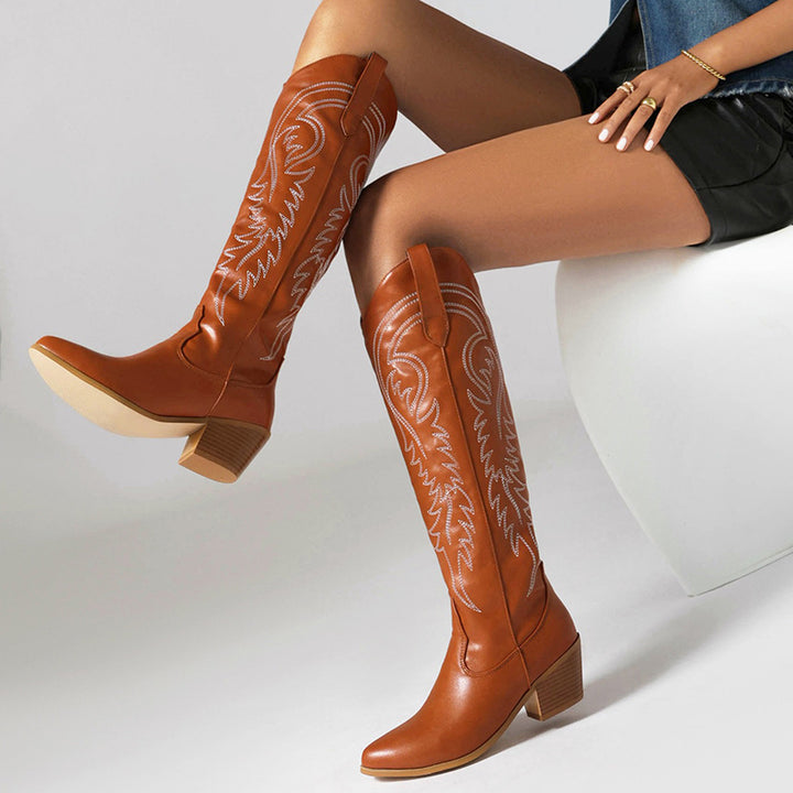 Block heels embroidery knee high cowboy boots