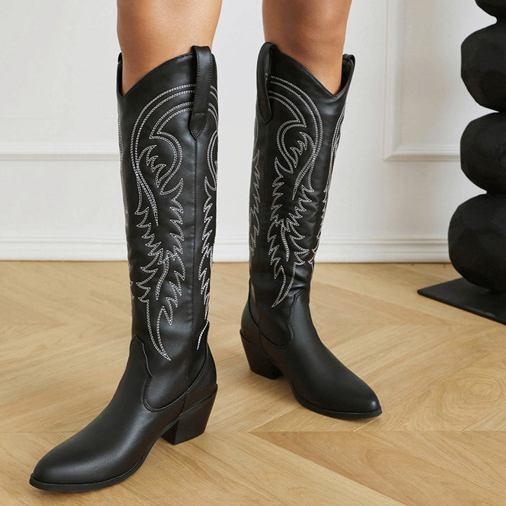 Block heels embroidery knee high cowboy boots