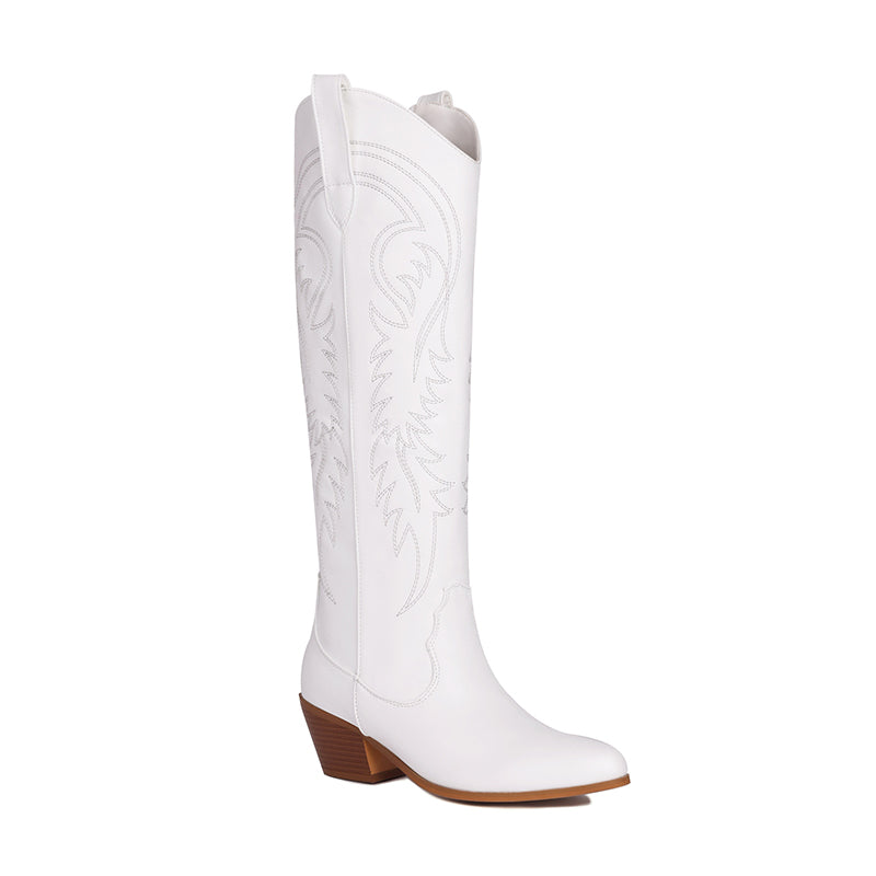 Block heels embroidery knee high cowboy boots