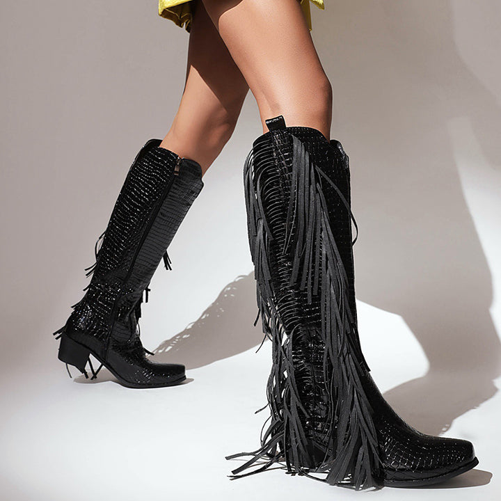 Block heels knee high fringe boots